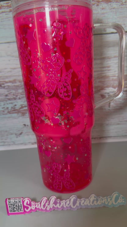 (1)- Ready To Ship Hot Pink DUAL LAVA Balloon Dog 40oz ACRYLIC W/Handle Snow Globe Tumbler