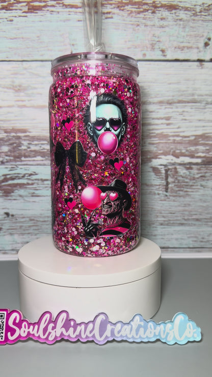 (1)- Ready To Ship HOT PINK/BOYS OF HALLOWEEN HORROR Design 16OZ ACRYLIC Snow Globe Tumbler