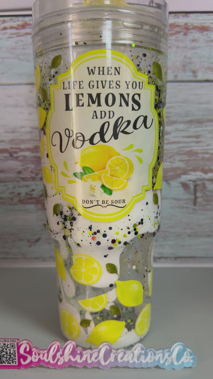 (1)- Ready To Ship White LAVA When Life Gives You LEMONS 40oz ACRYLIC W/Handle Snow Globe Tumbler
